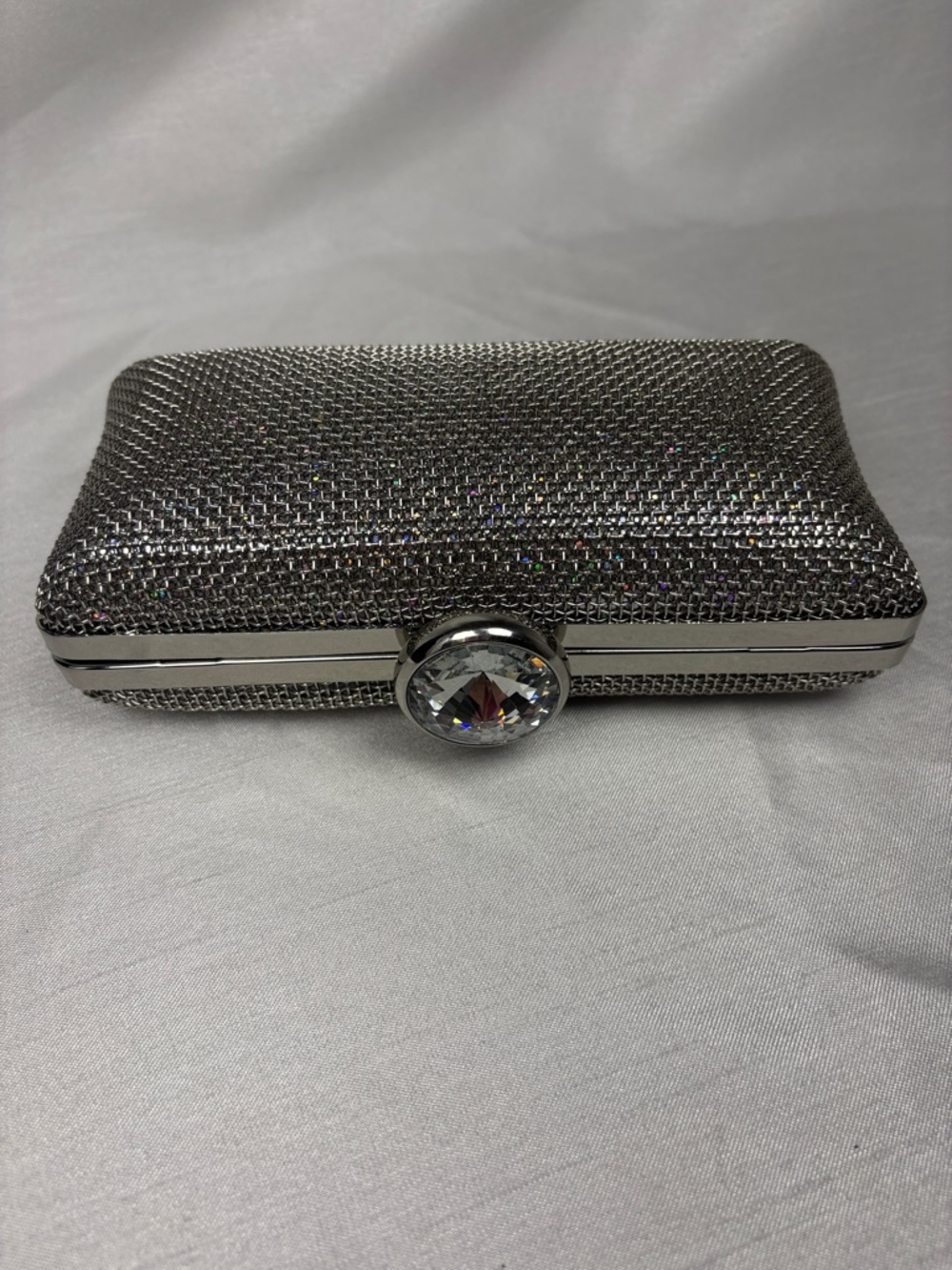 La Regale Silver Crystal-Accent Evening Clutch